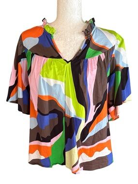 Crosby by Mollie Burch Multicolored Abstract Print Ruffle Neck Blouse - XL